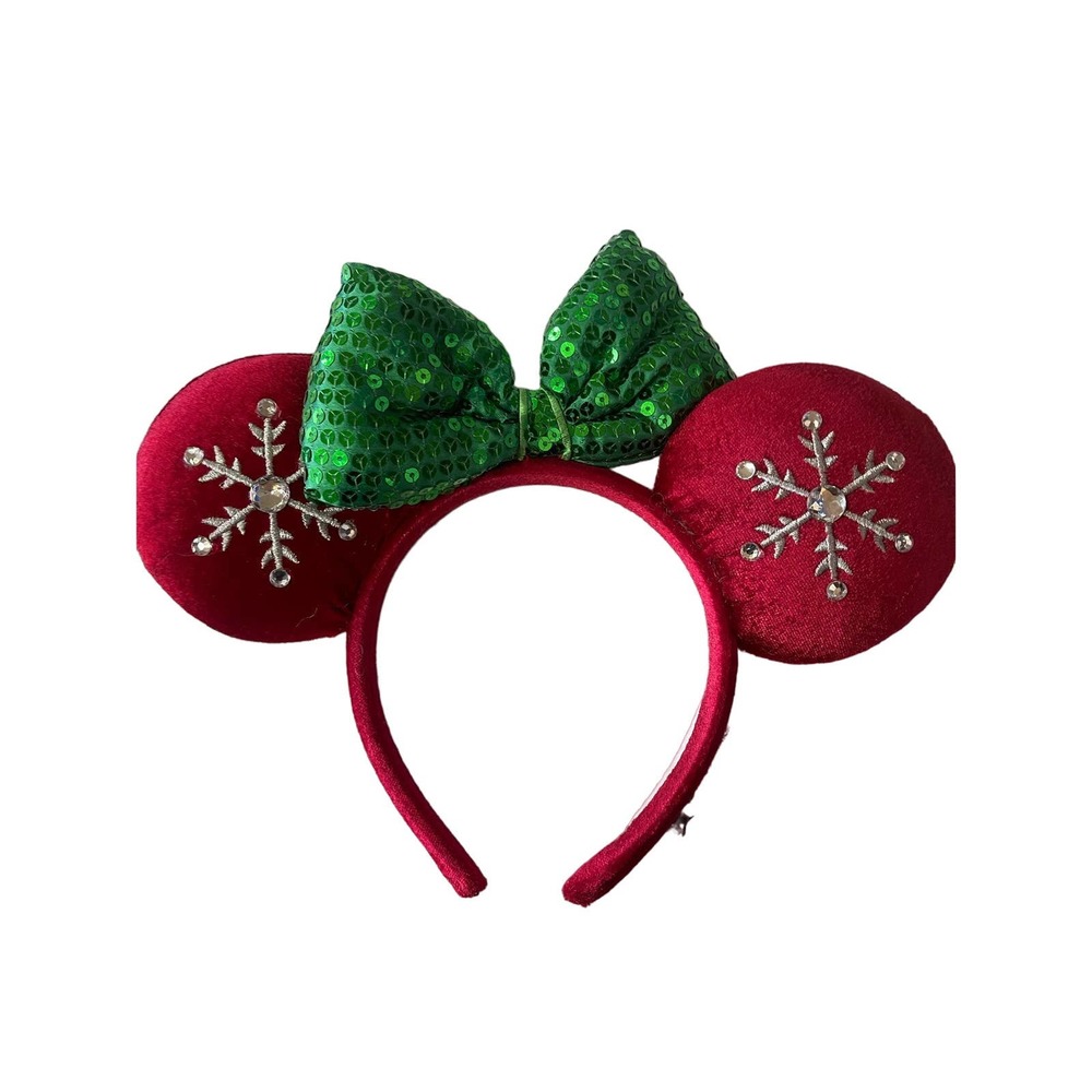 Disney Minnie Ears Headband Holiday 2018 Red Ears Green Bow
